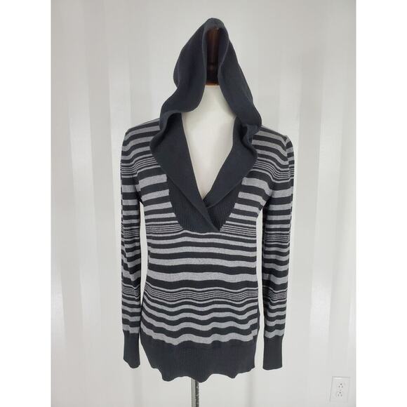 Banana Republic Sweaters - BANANA REPUBLIC Women's Black & Gray Striped Hooded Sweater Sz M
